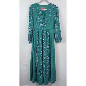 ModCloth Floral Midi Dress Sz M Green Boho Long Sleeve Cottagecore Fairy Peasant
